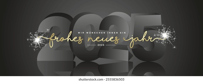 2025 New Year, modern design, white new updated German language handwritten lettering with black 3d 2025 year mirrored shadow in background and sparkler firework