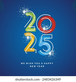 2025 New Year modern white line design neon light over colorful black type typography of year 2025 with sparkle firework sign logo icon on blue background