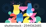 2025 New Year night party banner, poster with colorful cocktails, wine, champagne, fireworks. Vector flat illustration. Alcoholic, non-alcoholic drinks cocktail menu, bar elements on black background