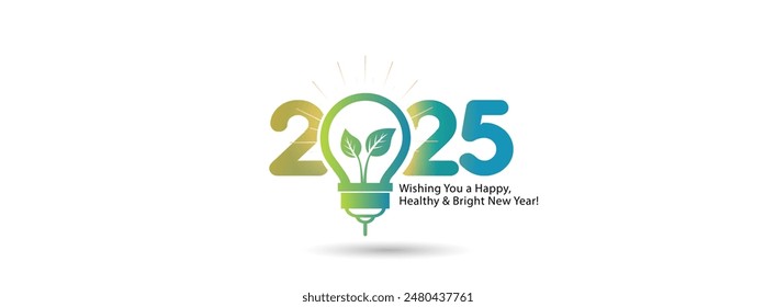 2025 New year number with green energy bulb. Welcome and celebration concept.