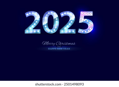 2025 New Year numbers with lamp bulb,colorful, retro style.