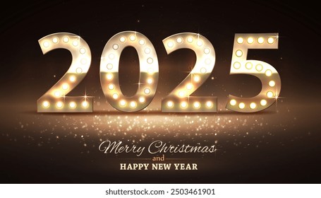 2025 New Year numbers with lamp bulb, retro style.