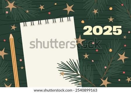 2025 New Year planning concept;  flat lay composition on wooden desk with empty notebook, fir branches, colorful dots and stars- vector illustration
