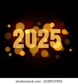 2025 new year postcard with boke lights effects. Digit design. New year text design template in gold color. Vector