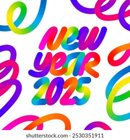 Pôster de Ano Novo 2025 com arte de gradiente abstrata. Quadro criativo colorido com arco-íris e lettering linear neon