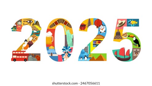 2025 New Year poster with famous world travel destinations. Touristic sightseeings collage vector illustration.