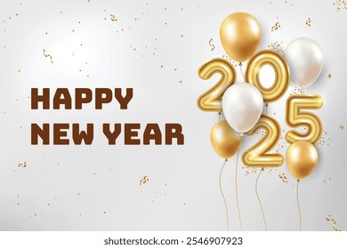 2025 New Year Premium Text With Floating Balloons On Silver Background. New Year's Eve Clearance Sale Offer Theme Vector Illustration For Greeting, Invite Card, Website, Banner, Postel, Flyer, Etc.