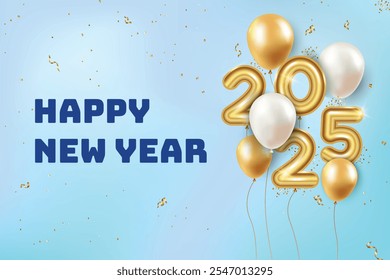 2025 New Year Premium Text With Floating Balloons On Blue Background. New Year's Eve Clearance Sale Offer Theme Vector Illustration For Greeting, Invite Card, Website, Banner, Poster, Flyer, Etc.