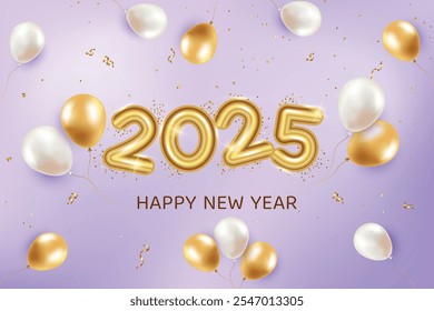 2025 New Year Premium Text With Floating Balloons On Purple Background. New Year's Eve Clearance Sale Offer Theme Vector Illustration For Greeting, Invite Card, Website, Banner, Poster, Flyer, Etc.