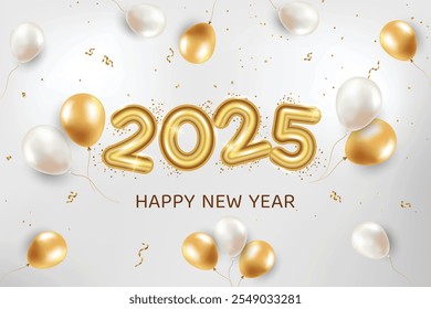 2025 New Year Premium Text With Floating Balloons On Silver Background. New Year's Eve Clearance Sale Offer Theme Vector Illustration For Greeting, Invite Card, Website, Banner, Poster, Flyer, Etc.