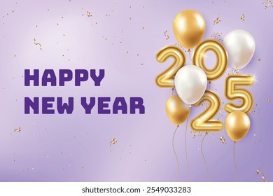 2025 New Year Premium Text With Floating Balloons On Purple Background. New Year's Eve Clearance Sale Offer Theme Vector Illustration For Greeting, Invite Card, Website, Banner, Poster, Flyer, Etc.