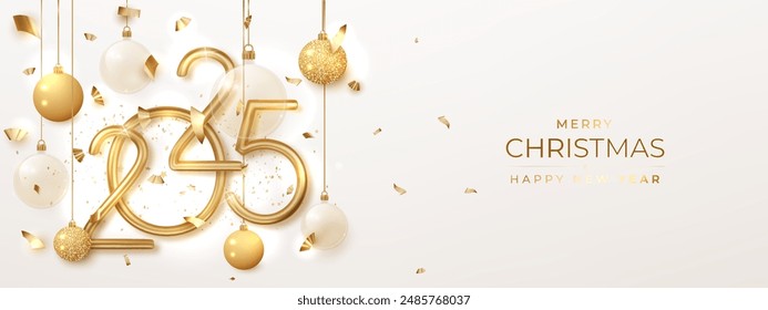 2025 New Year realistic golden numbers with Christmas decoration and confetti. Holiday greeting card design