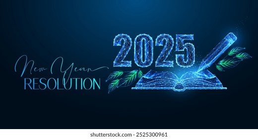 2025 New Year resolution with glowing notebook and pen, 2025 digits on dark blue background. Focus on planning, goals, modern vision, creativity, and personal growth. Abstract vector illustration.