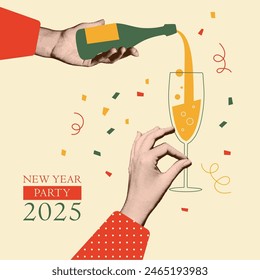 2025 New year retro card template, Vintage Christmas celebration. Halftone hands pouring champagne from bottle. Trendy newspaper collage. People drink wine, champagne at party. Vector illustration