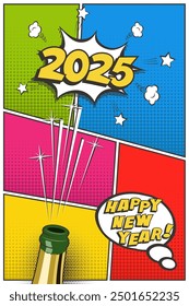 2025 Neujahr Retro-Design im Comic-Stil mit Champagner-Flasche. 2025 Zahlen und Happy New Year Text auf Postkarte oder Grußkartenvorlage in Manga oder Pop Art Technik.