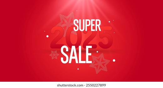 2025 New year sale banner template design. Red and white colors. Vector illustration.