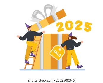 2025 Neujahrsverkauf mit Giant Gift Box und Tag Illustration. Flache Vektorgrafik