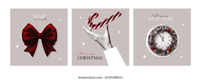 2025 Año Nuevo conjunto de tarjetas de felicitación minimalistas con collage de medio tono de Elementos de Navidades - arco rojo, mano que sostiene el bastón de caramelo y el reloj decorado. Ilustración vectorial silenciada de Antiguas