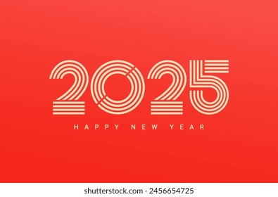 2025 Año Nuevo Anuncio lineal simple con números de líneas sobre fondo rojo. Plantilla para tarjeta de felicitación, invitación, póster, volante, Web. Ilustración vectorial.