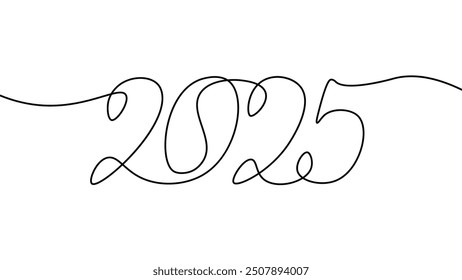 2025 New Year single continuous line art. Holiday greeting card headline decoration. Date numbers concept design. One sketch outline drawing white vector illustration
