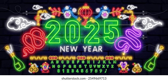 2025 new year. Snake digital number year in neon light. Celebration banner in computer cyberpunk technology style. Christmas party event poster in tech cyber decoration. 2025 on blue.