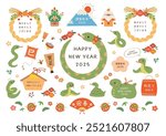 2025 new year snake year handwritten illustration（translation:Japanese new year’s greeting word,Happy new year,First sale,Snake）