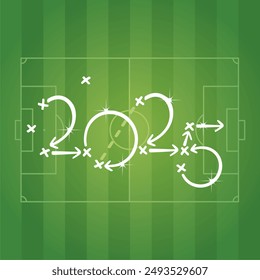 2025 Nuevo año de estrategia de competición de fútbol, flechas blancas, campo verde del estadio en el fondo