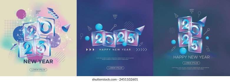 Plantilla cuadrada de año nuevo 2025 con número 3D en vidrio cuadrado para celebración y fiesta de año nuevo