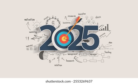 2025 new year target audience concept, Creative thinking drawing charts and graphs business success strategy plan idea on target dart with arrow, Vector illustration modern layout template