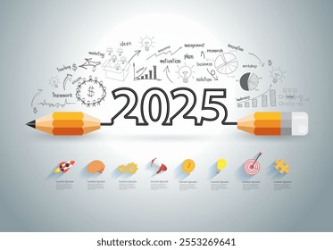 2025 new year target audience concept, Creative thinking drawing charts and graphs business success strategy plan idea on target dart with arrow, Vector illustration modern layout template