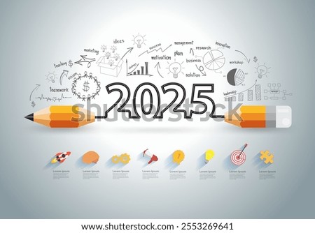 2025 new year target audience concept, Creative thinking drawing charts and graphs business success strategy plan idea on target dart with arrow, Vector illustration modern layout template