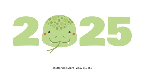 2025 New Year typography with cute snake face illustration. Hand drawn cartoon vector illustration, isolated on white. Lunar New Year kawaii holiday card, banner design element