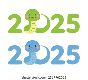 2025 New Year typography design with cute snake character. 2025 is called the ‘year of the snake’ in Asia and Korea.