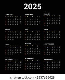2025 New year vector calendar design