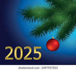 2025 Neujahr Vektorgrafik mit der Goldzahl des neuen Jahres und Weihnachtsbaumzweigen, Ball auf blauem Hintergrund. Gruß helle Karte.