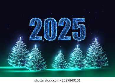 2025 New Year web banner with glowing digits and festive Christmas trees on dark blue background. Winter holiday, seasonal celebration, festive design concept. Polygonal abstract vector illustration