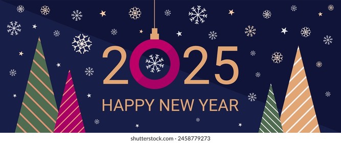 2025 New Year white banner, greeting, party invitation, graphic template with flat fir trees, text greeting, stars and snowflakes decorations. Holiday background vector illustration.