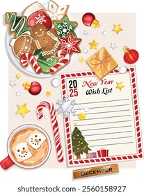 2025 New year Wish List with Gingerbread Cookies Plate, Hot Chocolate Mug, Candy Cane, Christmas Decorations and Gift Top View. Isolated Graphics Assortment Detailed Illustration