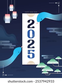 Ilustración de personaje de serpiente azul del año Nuevo 2025