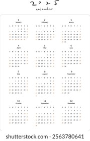 The 2025 New Year's Calendar has already filled in the date and month. It is provided for those who want to design the calendar by themselves. It is easy to use for typesetting.