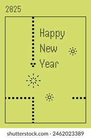 2025 New Year's card with electronic snake game. Pixel simple art. Nostalgia poster. Vector vintage illustration. Retro Christmas banner design. Memories concept. Geometric stars and snowflakes