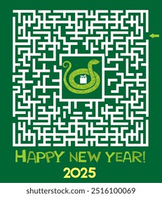 2025 New Year's card of the green snake year. Simple maze illustration. Maze. Christmas maze game for preschool and school kids. Puzzle for children. Chinese zodiac snake in  flat modern style. Vector
