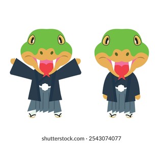 2025 Material de la tarjeta del año Nuevo Año de la serpiente Ilustración de un personaje de serpiente lindo en un kimono