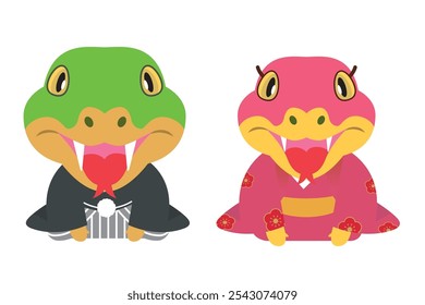 2025 New Year's card material Snake year Illustration of a cute couple snake characters in kimono