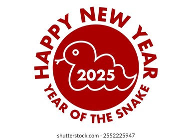 2025 New Year's card. Simple red snake circular logo. Vector illustration. Year of the snake. White background.
