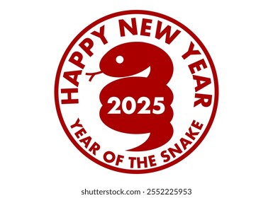 2025 New Year's card. Simple red snake circular logo. Vector illustration. Year of the snake. White background.