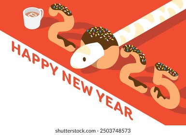 2025 New Year's card with a snake peeking out from a donut  translation:mi(Japanese zodiac Year of the Snake)