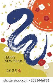 2025 New Year's card template with a blue snake and brush strokes
translation : mi(snake) 
