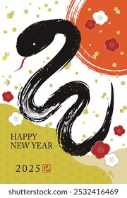 2025 New Year's card template with a black snake and brush strokes
translation : mi(snake) 
