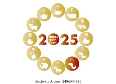 2025 New Year's card. Vector illustration. Circle Chinese zodiac signs icon. The Chinese characters translation are rat, ox, tiger, dragon, snake, horse, sheep, monkey, rooster, dog, and pig.

